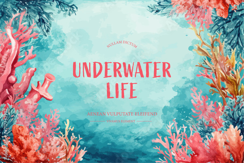 Underwater scene with coral reef, fish and seaweed. Vector illustration.