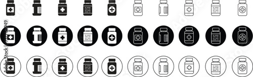 Set of Medicine bottles icons. Pharmacy signs vectors on transparent background. Flat styles editable stock for mobile concept and web design. Drugstore logo illustration. Medication. Contour symbols.
