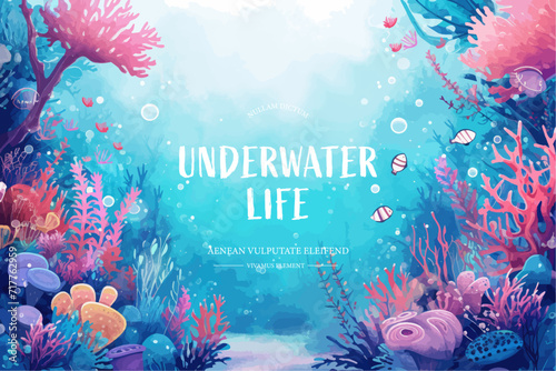 Underwater scene with coral reef, fish and seaweed. Vector illustration.