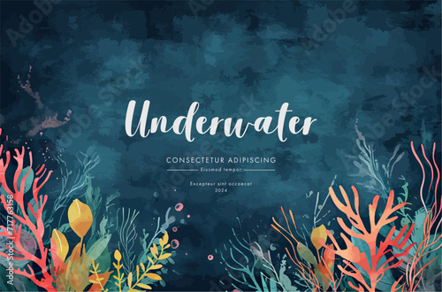 Underwater scene with coral reef, fish and seaweed. Vector illustration.