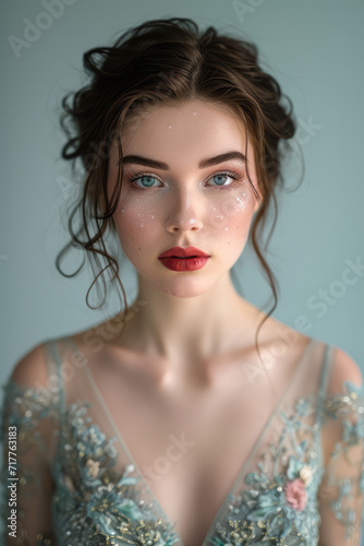 studio fashion portrait of a beautiful young Caucasian woman in an evening dress on a light background