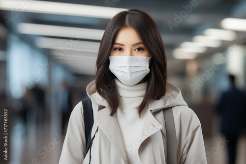 Asia young woman wearing a white mask to protect against pm2.5 dust.