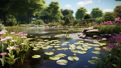 A peaceful pond surrounded by water lilies and cattails, attracting ducks and other wildlife to the garden.