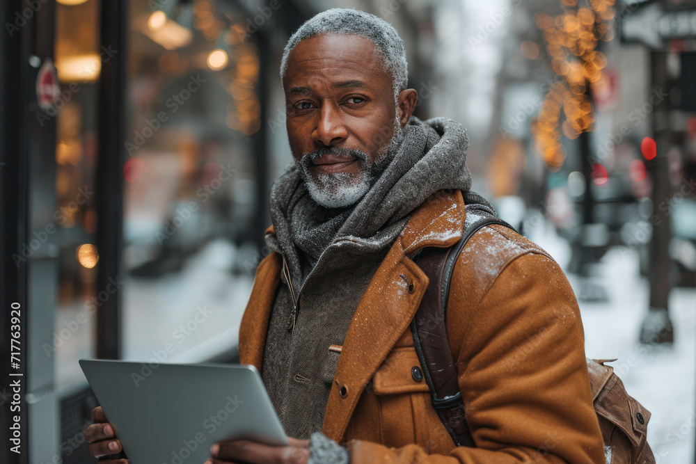 Portrait of man with laptop outdoors