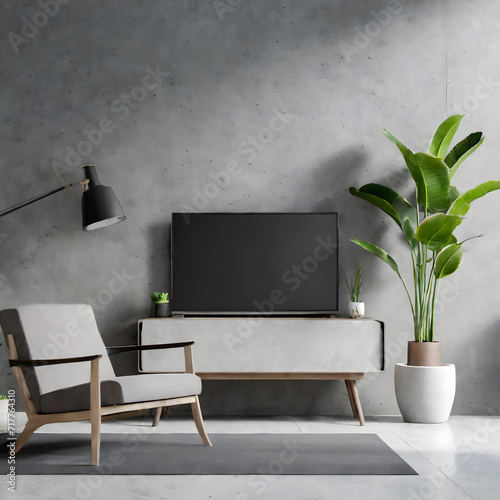 Concrete cabinet TV in modern living room with armchair and plant on concrete wall backgroun. Generative AI.
