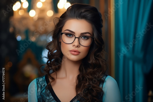 Portrait, stunningly beautiful brunette young woman with glasses. optics, vision correction and eye imperfections. Bespectacled curly-haired girl, stylish female image.