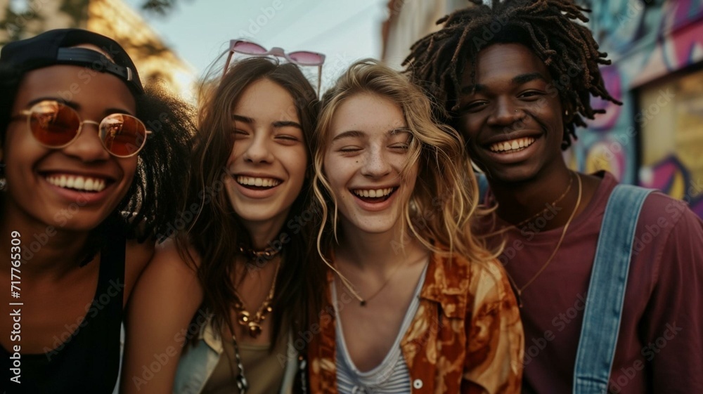 Group of happy diverse friends in the street