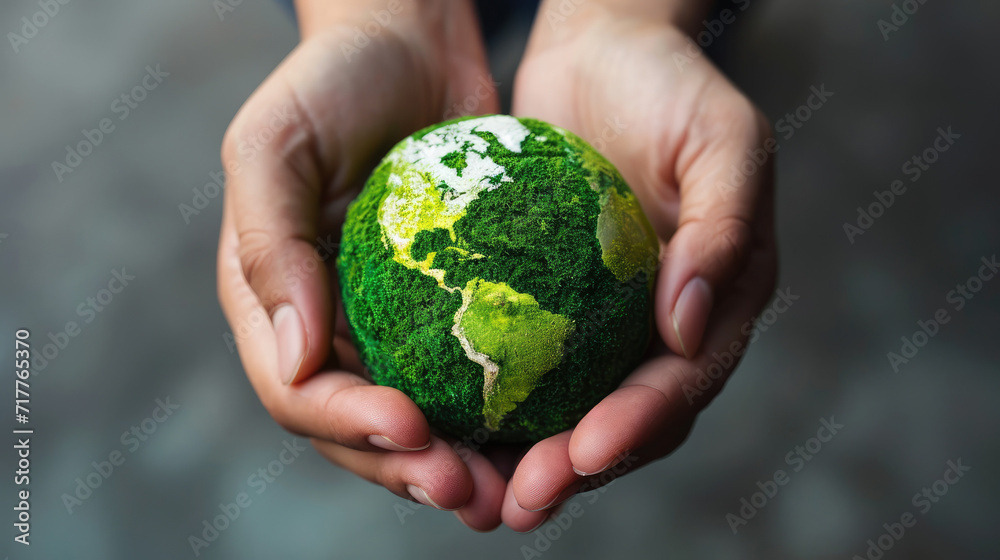 green globe in the hands of a man close-up on a gray background green globe in the hands of a man close-up on a gray background