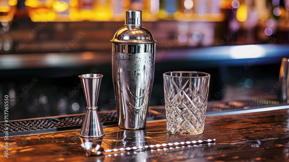 barware on the bar counter close-up, shaker, jigger, glass