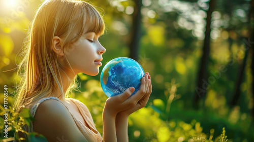 little girl holding a globe in her hands in the summer in the forest in the sunlight, copy space