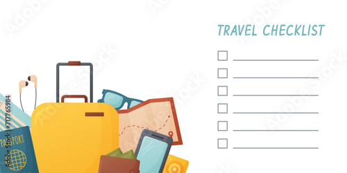 packing list, check list for travel, planning, preparing for vacation, trip, journey, luggage, passport, ticket, map, phone, wallet, vector illustration