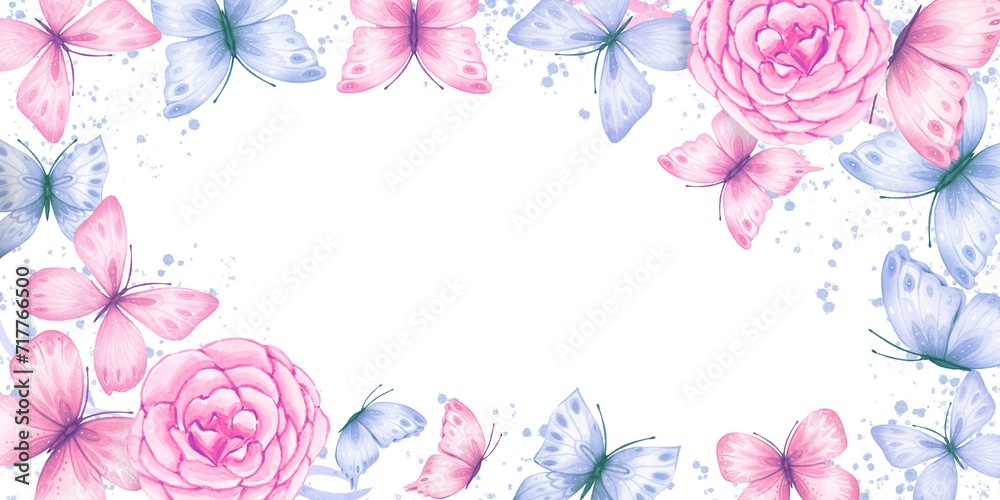 Border with abstract butterflies in blue and pink tones, watercolor
