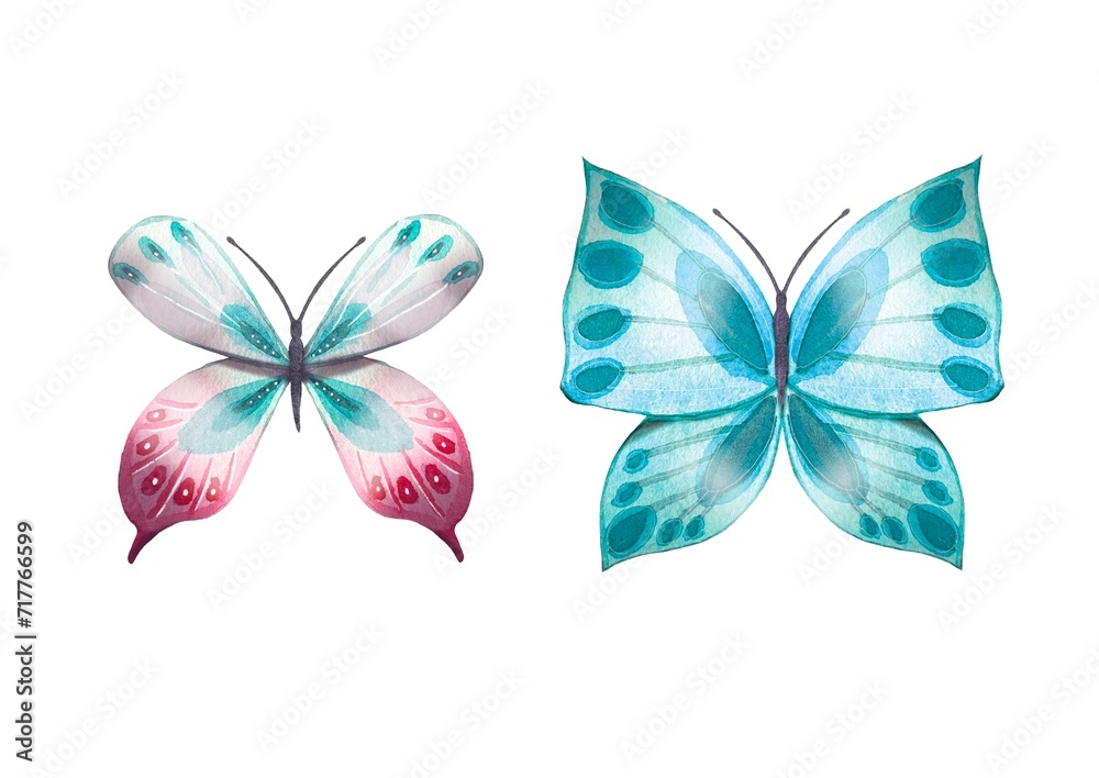 Naklejka premium Set of two abstract butterflies with beautiful wings.Watercolor illustration for designers, typography, books, cards, for print.