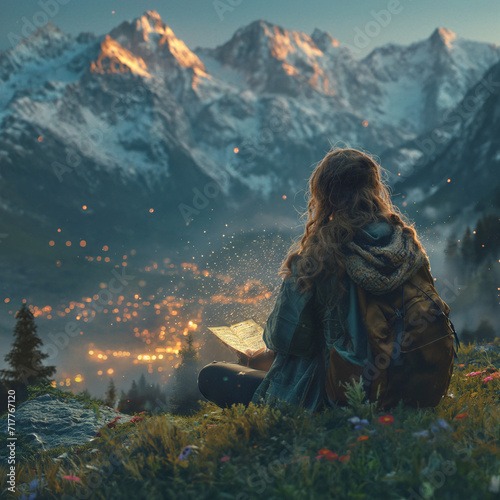 a teenage backpacker girl, reading a book, at sunset, on edge of a valley, golden peaks, snow capped mountains