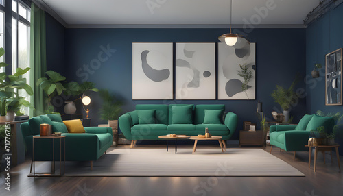 Bright and Cozy Modern Living Room with Green Sofa  Decoration Room on Empty Dark Blue Wall Background