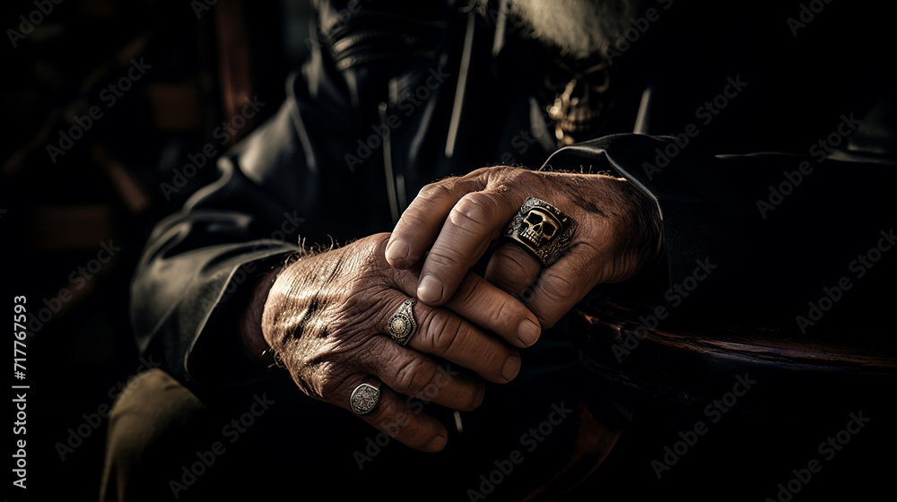 Fototapeta premium Hands of an older man with pirate rings