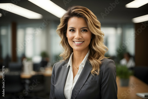 Young smart hispanic businesswoman, smiling face, standing in blur background of busy office.
