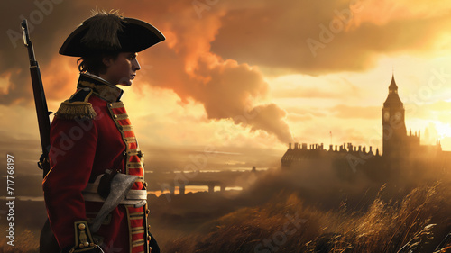 Redcoat soldier in London with the UK Houses of Parliament in the background showing the concept of the British Empire in the Georgian period leading to the American Revolutionary War, illustration photo
