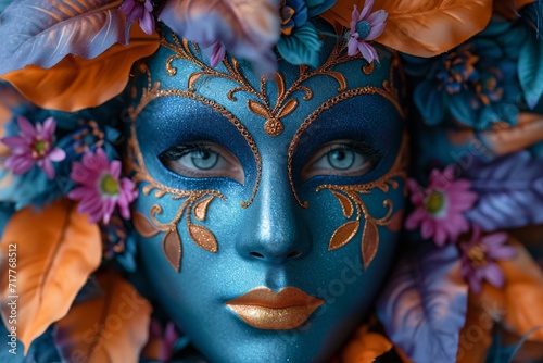 Mardi Gras Mask: Blue and Gold Face Paint Generative AI