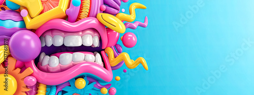 Surreal mouth with vibrant lips and whimsical 3D elements on a blue backdrop. copy space photo