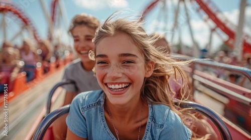 Summer Smile: Teenage Girl Enjoys a Thrilling Ride on a Ferris Wheel Generative AI