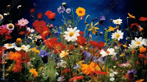 A symphony of wildflowers in a meadow  with different species blending together in a riot of colors and shapes.