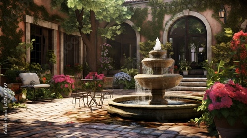 A tranquil courtyard with a bubbling fountain surrounded by potted flowers, creating a serene urban oasis.