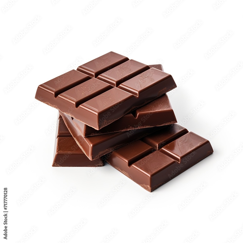 A pieces of chocolate bar side view isolated on a white background A pieces of chocolate bar side view isolated on a white background