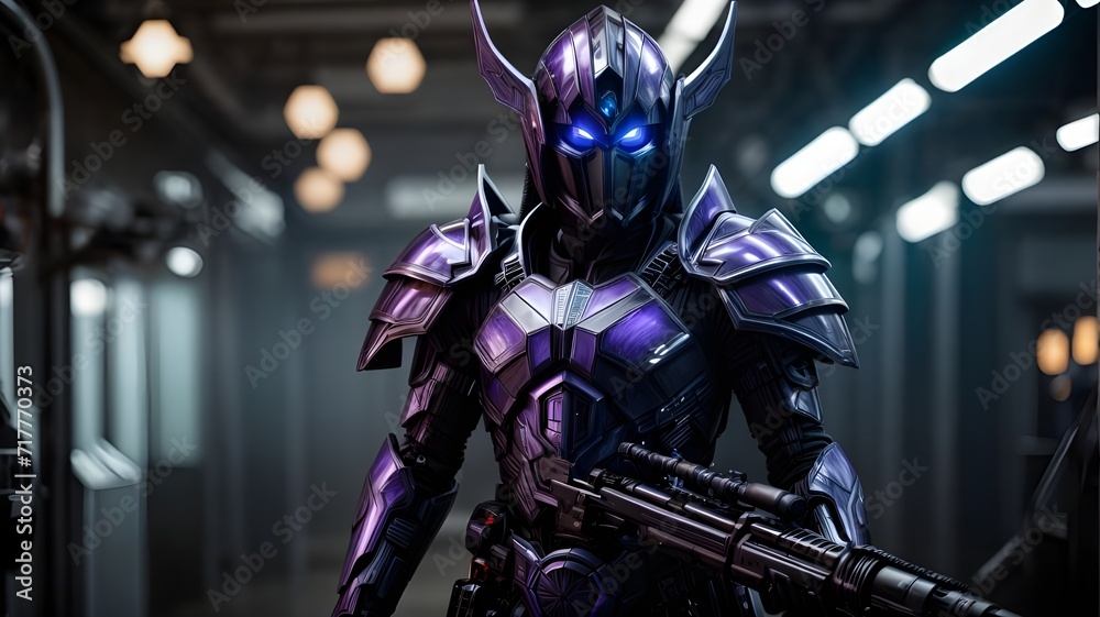 purple, and light blue high elf soldier robot, carrying a light machine gun in both hands, purple, and light blue high elf soldier robot, carrying a light machine gun in both hands,