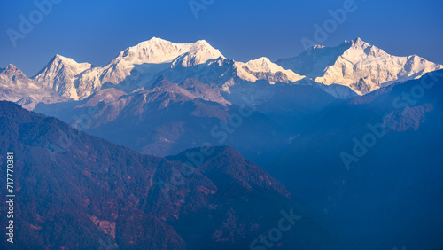A view of Snow clad Kangchenjunga, also spelled Kanchenjunga, is the third highest mountain in the world. It lies between Nepal and Sikkim, India, © ABIR