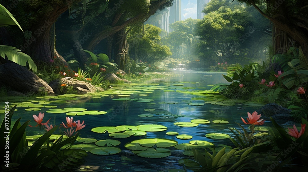 A tranquil pond surrounded by water lilies and surrounded by vibrant green ferns, creating a peaceful oasis.
