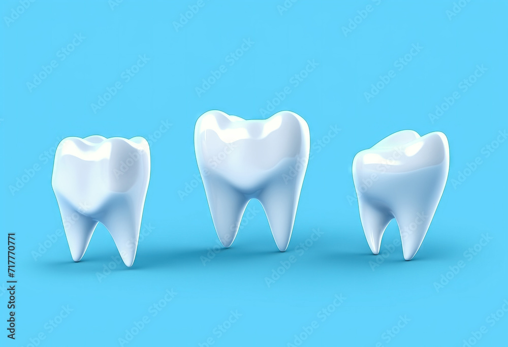 Three White Healthy 3D Teeth Models Against a Calm Blue Background in Dentistry Three White Healthy 3D Teeth Models Against a Calm Blue Background in Dentistry
