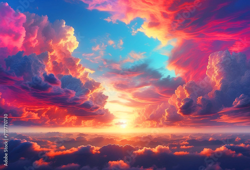 illustration of a sunset featuring a sky full of vibrant, thick clouds. Ai-generated.