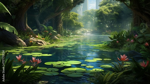 A tranquil pond surrounded by water lilies and surrounded by vibrant green ferns  creating a peaceful oasis.