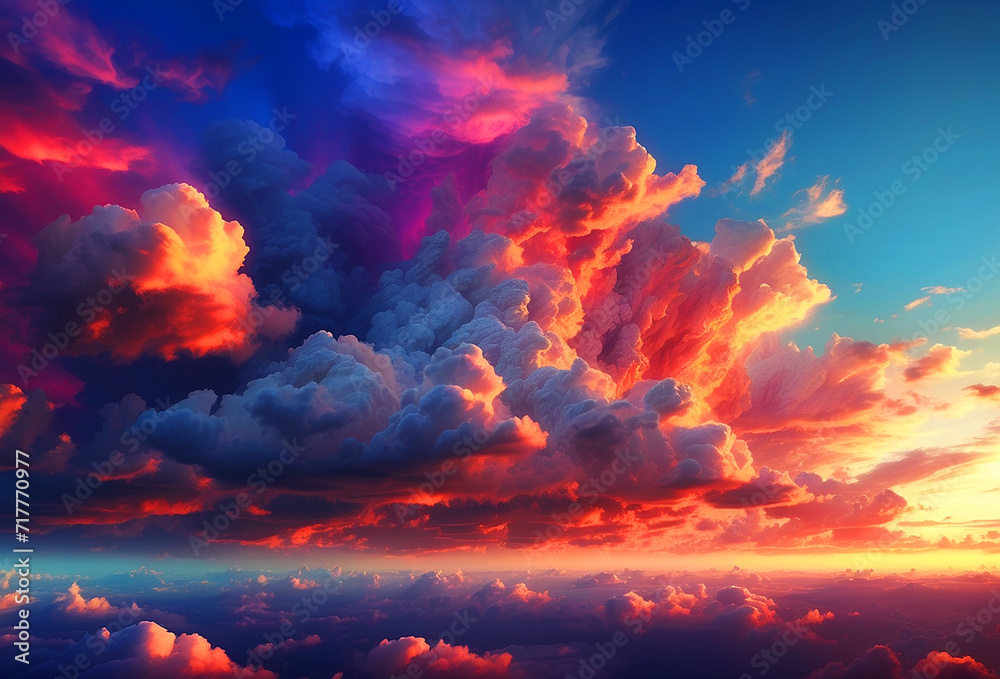 illustration of a sunset featuring a sky full of vibrant, thick clouds. Ai-generated.