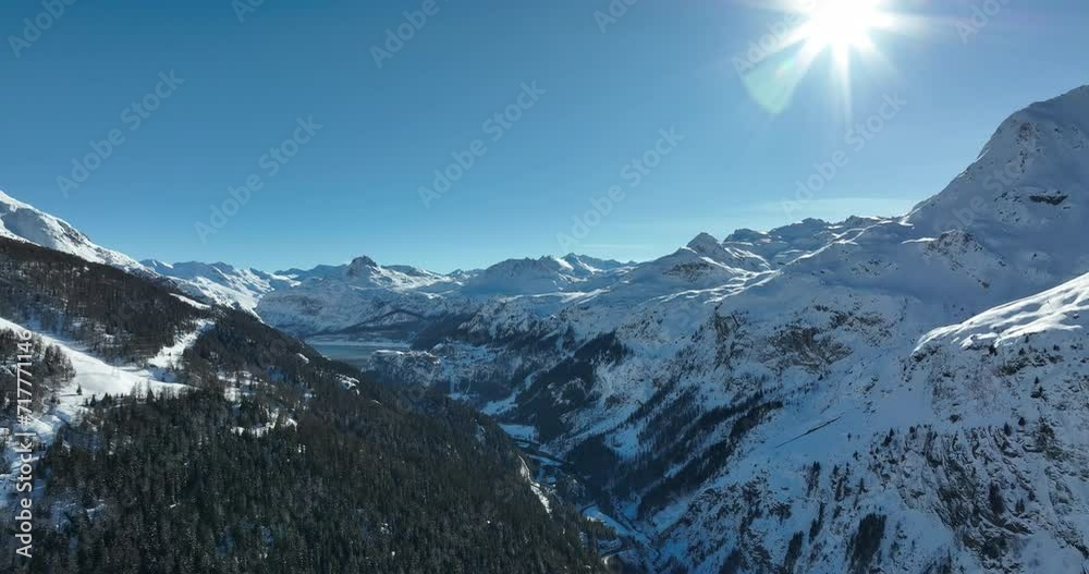 Winter drone shot of ski pistes and slopes covered with fresh powder snow in Tignes in Valdisere France Winter drone shot of ski pistes and slopes covered with fresh powder snow in Tignes in Valdisere France