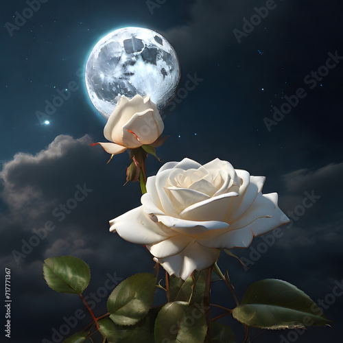 A moon shining brightly in the sky with a single white 3d rose growing.  AI Generated. 