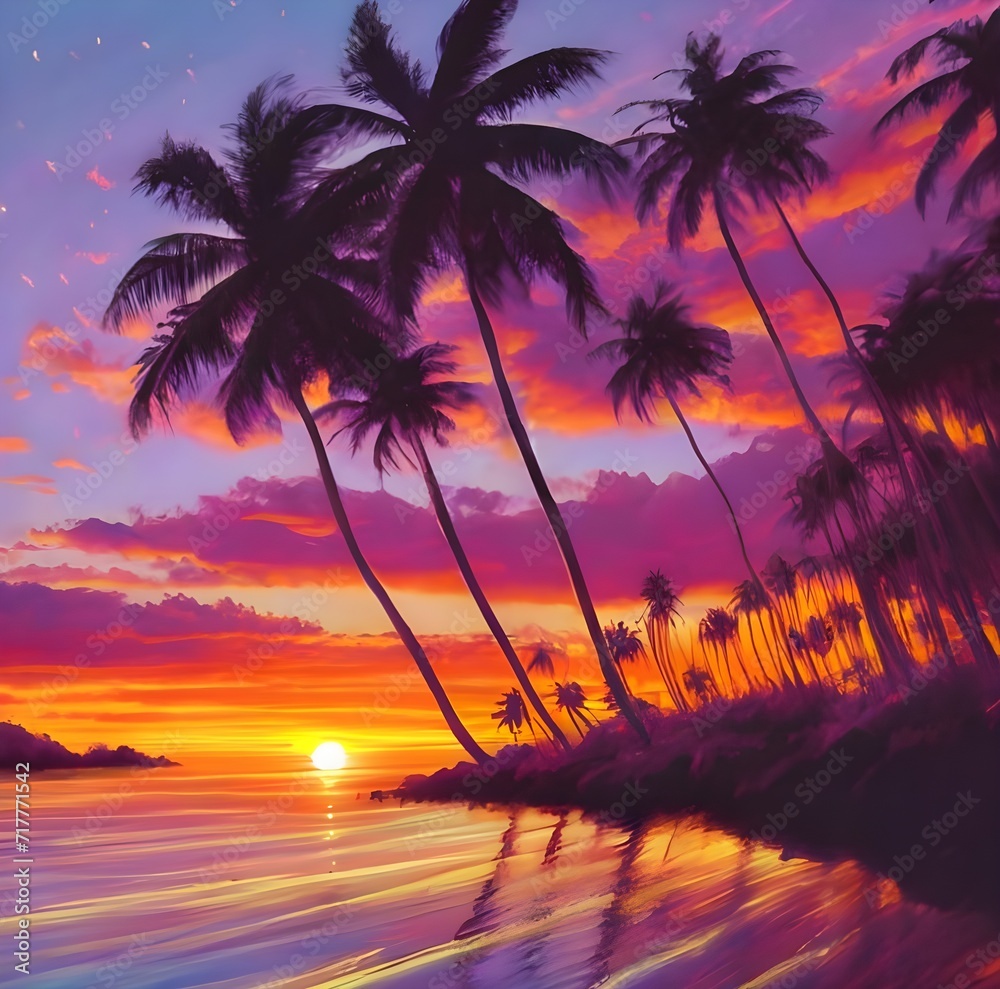 Tropical Beach Paradise Sunset - Palm Trees Silhouetted Against a Colorful Vibrant Pink and Purple Sky with Ocean Waves Reflecting the Sun’s Warm Glow For Lovers, Tranquility, Peace of Mind