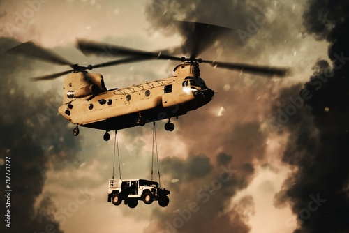 Helicopter in the sky transporting a war machine