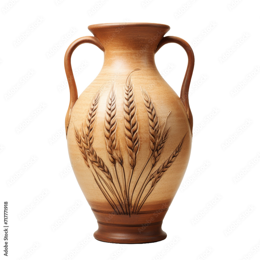 Earthenware Greek jug and vase with antique brown pottery decoration, isolated