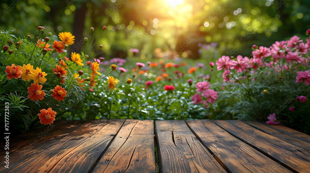 Spring Flowers and Wooden Table