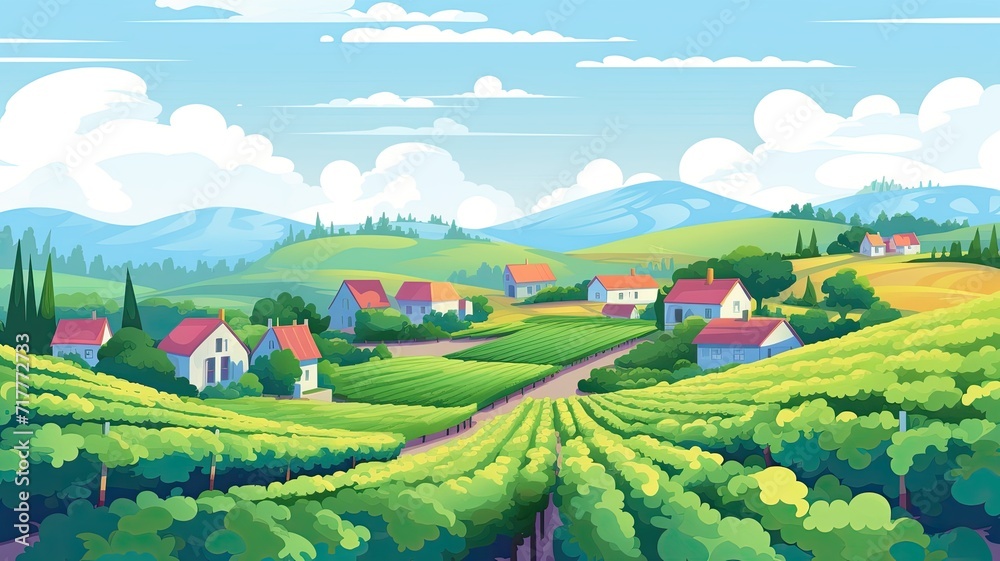 cartoon illustration of countryside with lush greenery and a dirt path leading to rolling hills adorned with quaint houses.  sky is clear, with fluffy clouds