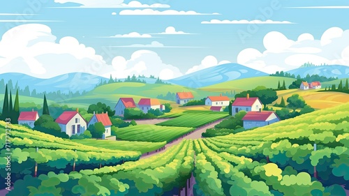 cartoon illustration of countryside with lush greenery and a dirt path leading to rolling hills adorned with quaint houses. sky is clear, with fluffy clouds