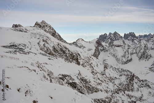 Snowy alps mountains in Europe.. French alps in winter, Les deux alpes Rhone Alpes in France Europe