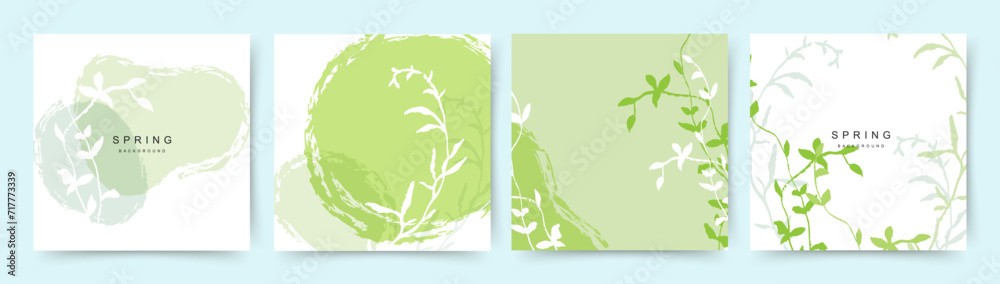 Spring green square backgrounds. Minimalistic style with floral elements and texture. Vector template for card, banner, invitation, social media post, poster, mobile apps, web ads