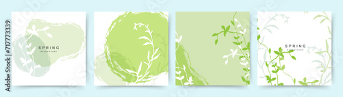 Spring green square backgrounds. Minimalistic style with floral elements and texture. Vector template for card, banner, invitation, social media post, poster, mobile apps, web ads