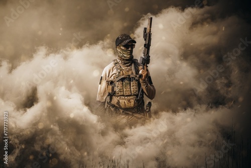 Special forces and military soldiers between smoke and gas in battlefield	
