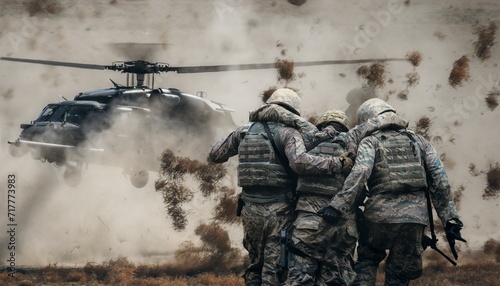Two army soldiers helping a wounded soldier between the smoke and gas on the battlefield on the way to the helicopter