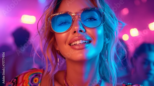 Glowing Beauty in Blue Sunglasses and Neon Tank Top Generative AI