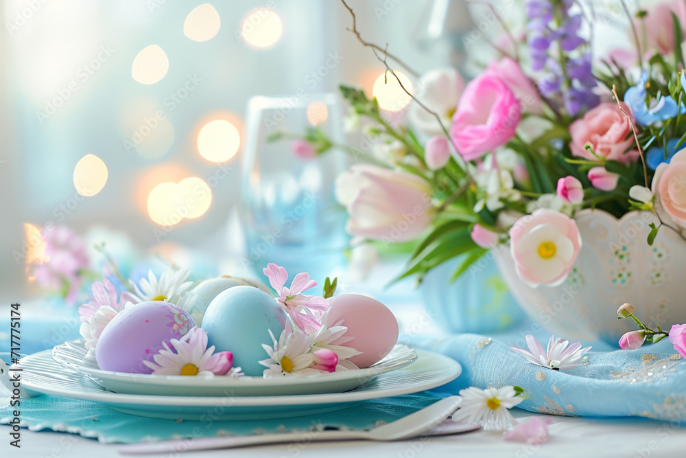 festive Easter table setting of colored eggs on a plate, compositions of delicate flowers, the concept of Easter design and greeting cards festive Easter table setting of colored eggs on a plate, compositions of delicate flowers, the concept of Easter design and greeting cards
